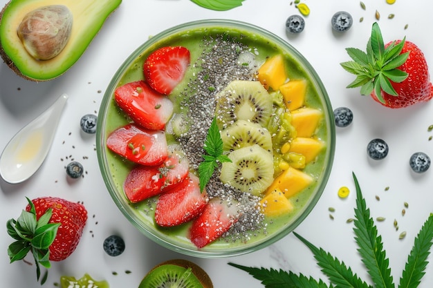 Photo healthy and creative cannabis smoothie bowl with fresh fruits on white background