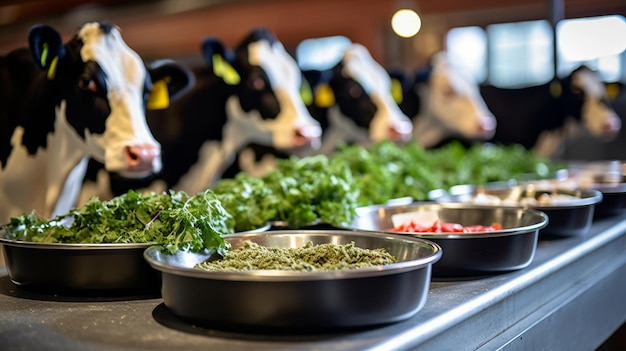 Healthy dairy cows feeding in row of stables at a feedlot barn on a livestock farm