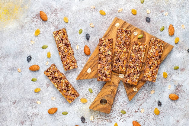 Healthy delicios granola bars with chocolate,muesli bars with nuts and dry fruits,top view