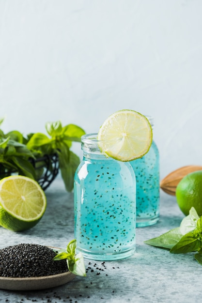 Healthy detox beverage with basil seeds and lime