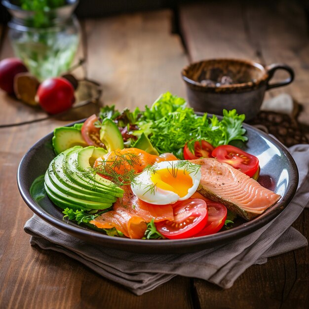 Healthy diet food fresh fruits and vegetables salad on black stone table