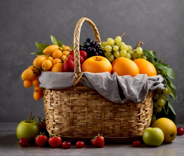 Healthy diet fresh and healthy fruits in straw basket from organic farm generated by Ai