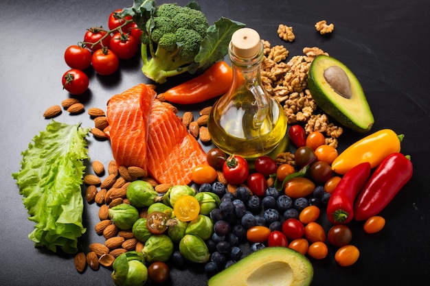 Healthy diet and nutrition food rich in vitamins and omega3 concept