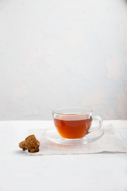 Healthy drink coffee from chaga mushroom in a glass cup on a white background Top view Copt spaes