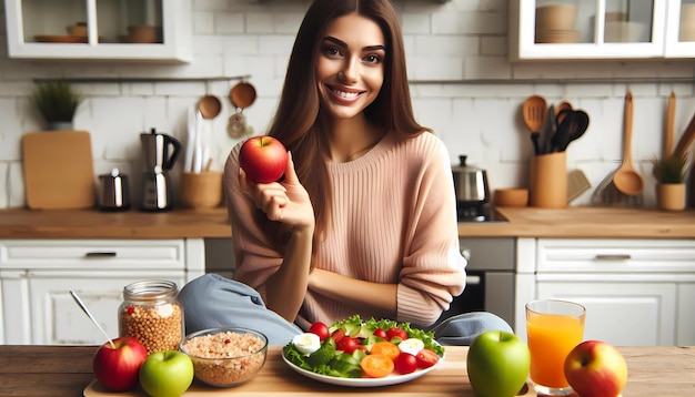 Healthy eating balanced meal breakfast happy healthy lifestyle woman is sitting at a table in a kitc