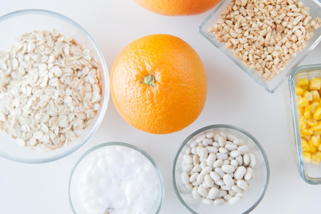 healthy eating, breakfast, diet and culinary concept - close up of food ingredients on table