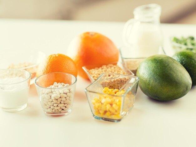 healthy eating, breakfast, diet and culinary concept - close up of food ingredients on table