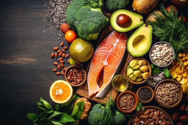 Healthy eating collection on wooden table