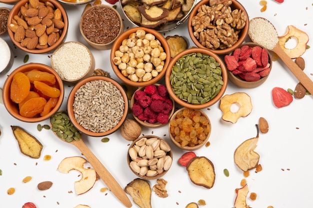 Healthy eating concept Assortment of superfoods on white background