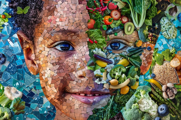 Photo healthy eating and diverse diet artistic food mosaic of fruits and vegetables forming a human face