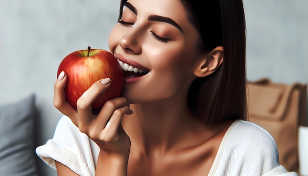 Healthy eating fresh fruit enjoying a snack woman is biting into a red apple with her eyes closed an