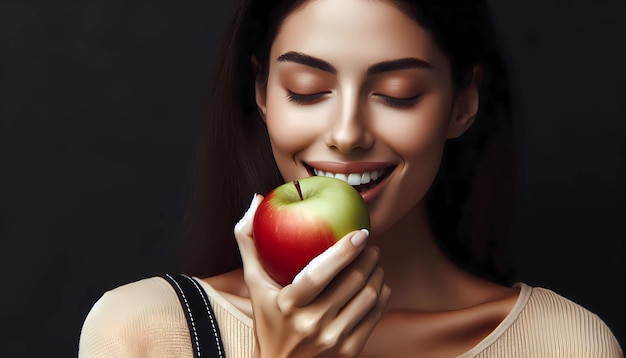 Healthy eating fresh fruit enjoying a snack woman is biting into a red green apple with her eyes clo