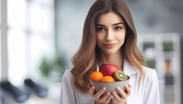 Healthy eating fruits diet lifestyle woman is smiling and holding a bowl of fruit She is wearing a w