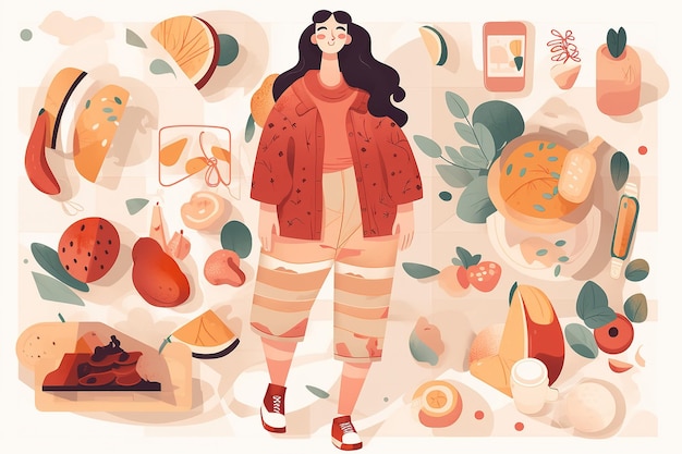 Healthy eating lifestyle flat illustration concept Positive cute young woman in a food frame Generative AI