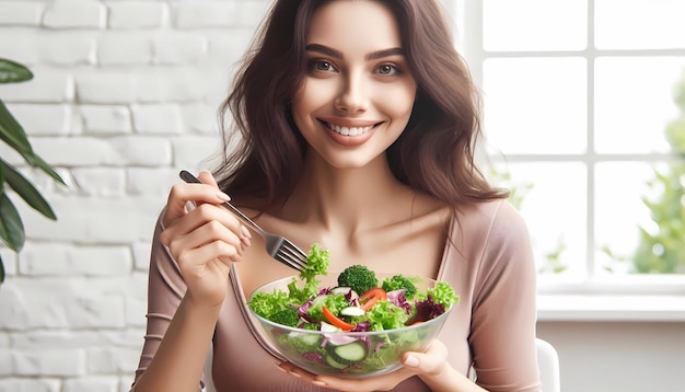 Healthy eating salad fresh vegetables woman is sitting on a sofa and smiling while holding a fork an