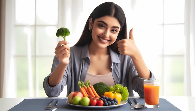 Healthy eating thumbs up approve happy healthy lifestyle A young woman is smiling and giving a thumb