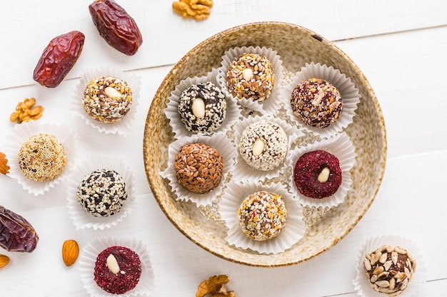 Healthy energy balls made of dried fruits and nuts healthy food