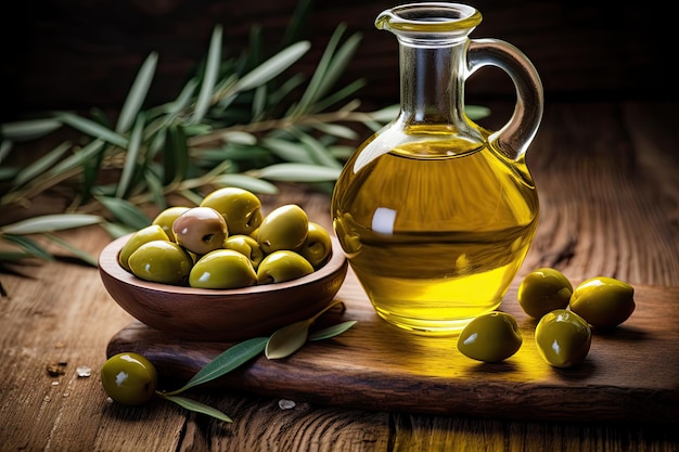 Healthy extra virgin olive oil with fresh olives on a rustic wooden backdrop