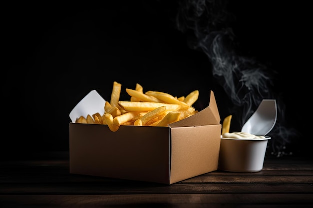 Healthy Fast Meal Fresh French Fries with Mayonnaise in a Box