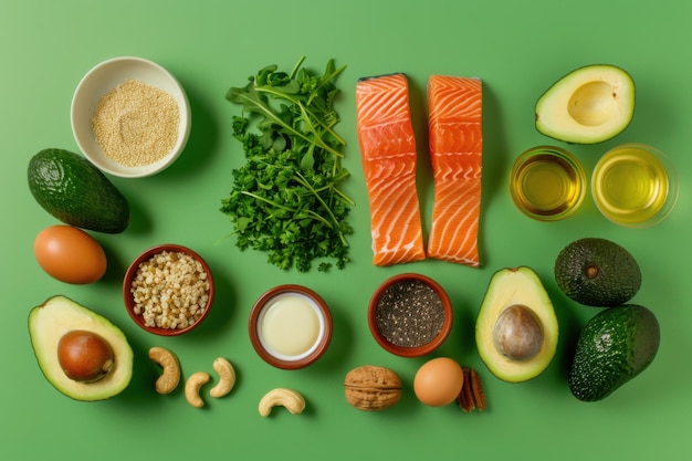 Photo healthy fats and ketofriendly ingredients with salmon avocado and nuts on green background