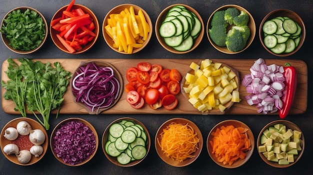 Healthy flat lay of sliced vegetables