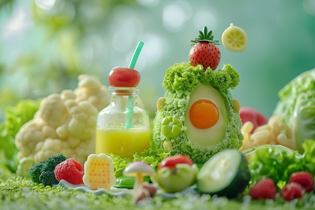 Healthy food for babies and toddlers made of fresh ingredients with juice and toy for baby kids