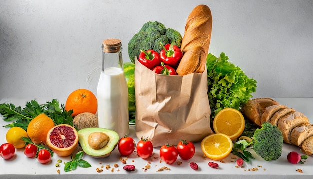 Photo healthy food background healthy food in paper bag bread milk vegetables and fruits on white backgrou