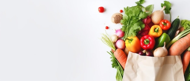 Healthy food background Healthy vegan vegetarian food in paper bag vegetables and fruits on white