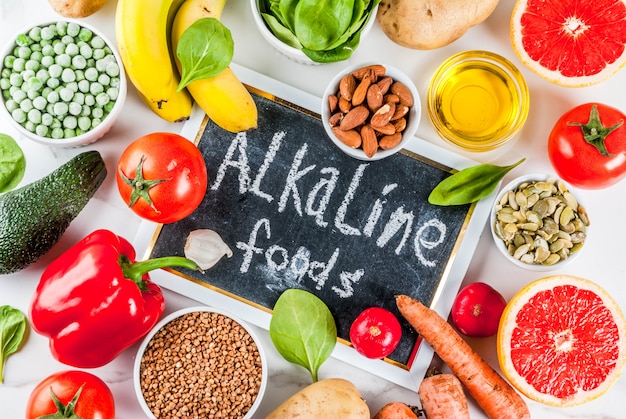 Healthy food background, trendy Alkaline diet products