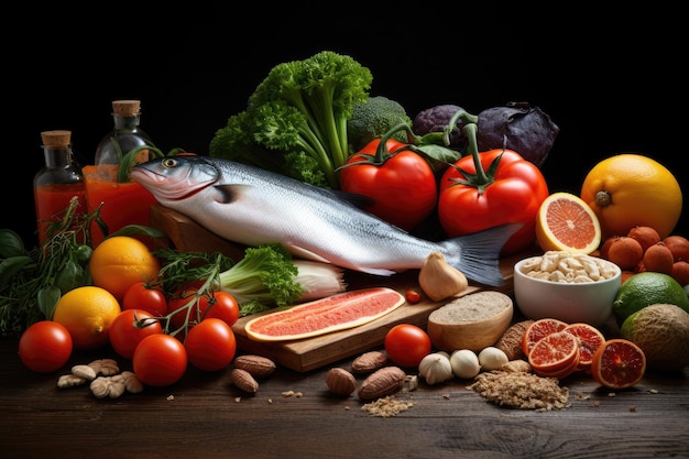 Healthy food background with fresh organic vegetables and fruits Balanced diet A healthy food background showcasing fresh vegetables fish fruits and nuts AI Generated