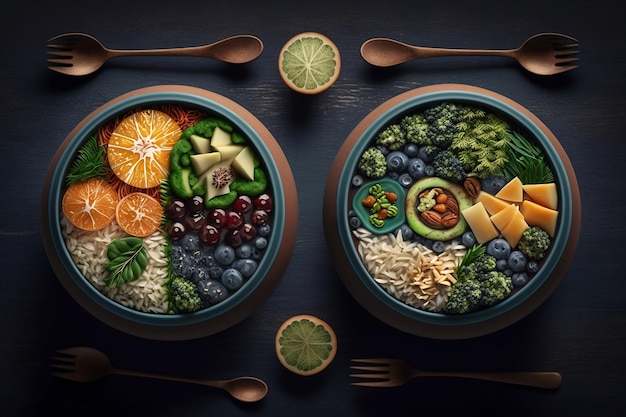 Healthy food in bowls aerial view Generative AI