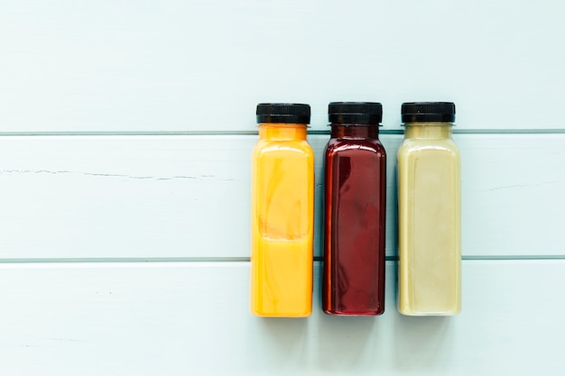 Healthy food concept with three juices