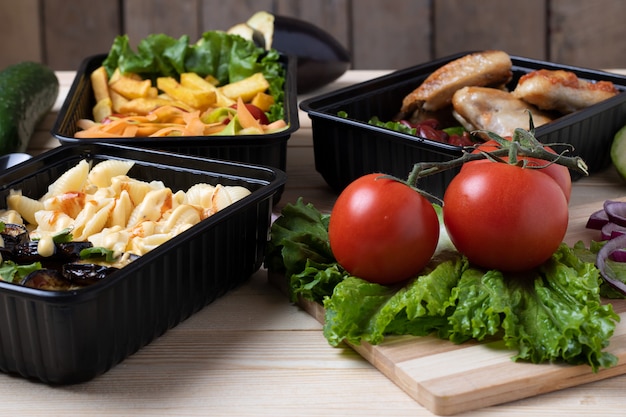 Healthy food and day meal plan concept, street food delivery. Take away of fitness meal.