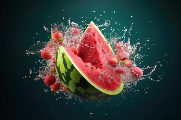 Healthy food and drink concept Art design with cut watermelon Juice explosion Ai generated