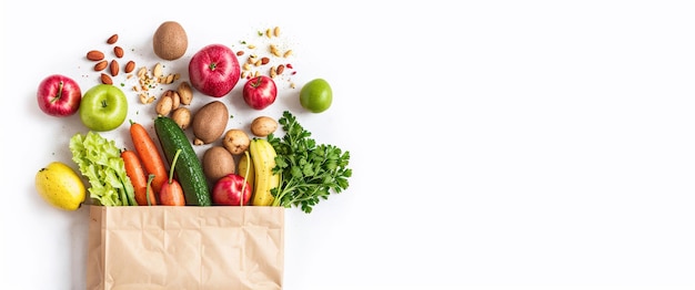 Healthy food fruits and vegetables falling out of a paper bag banner Generative AI