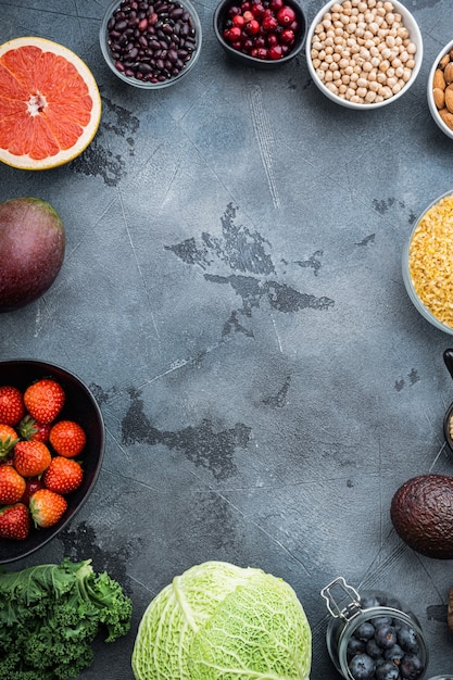 Healthy food on grey background