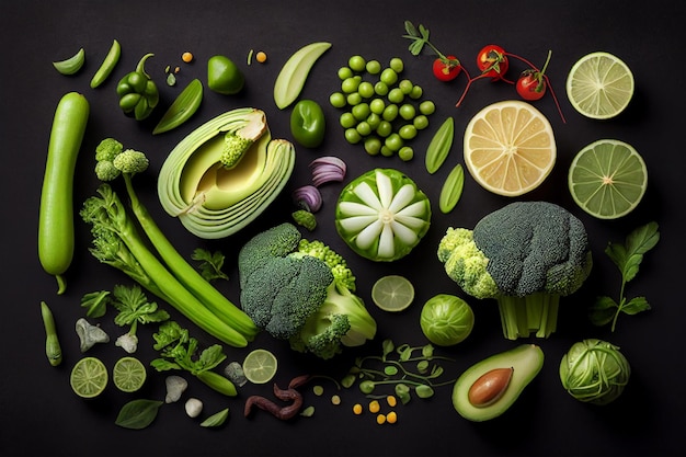 Healthy food ingredients on black background Top view vegetables pattern flat lay generative ai