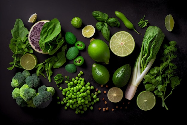 Healthy food ingredients on black background Top view vegetables pattern flat lay generative ai