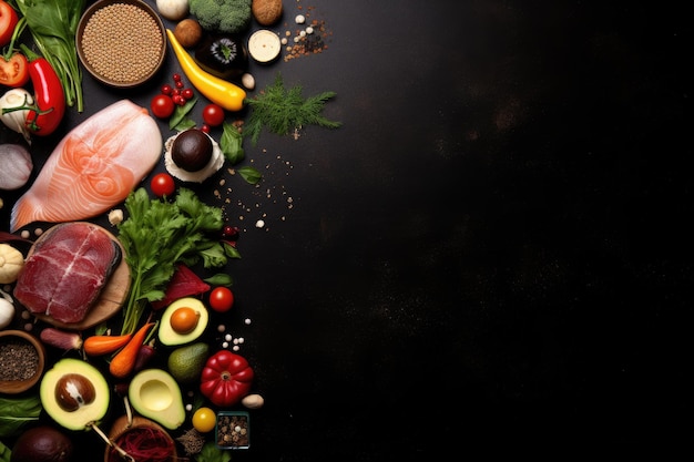 Healthy food ingredients for cooking on black background Top view with copy space A healthy food clean eating selection including fish fruits vegetables cereals and nuts AI Generated