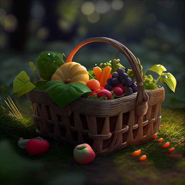 Healthy food and leafs in basket generative AI