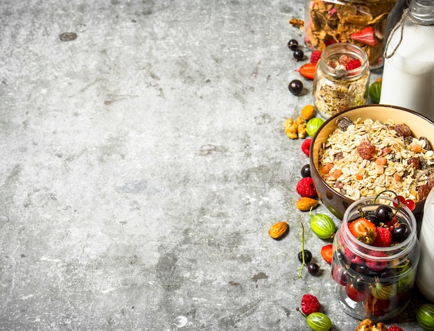 Healthy food. Muesli with forest berries. On the stone table.