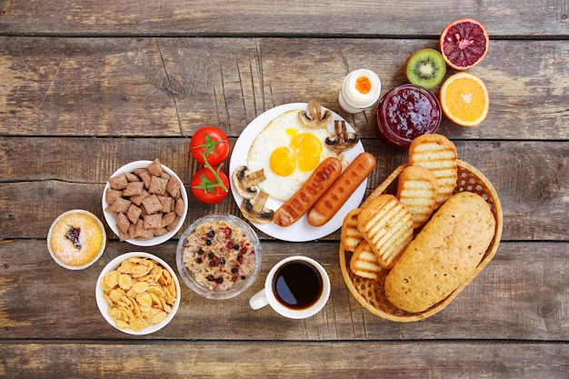 Healthy food on old wooden background