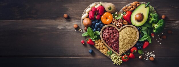 Healthy food products for hearthealthy diet on wooden background top view copy space for text