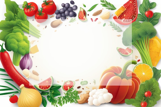 Healthy food on white background with empty copy space and boarder illustration Health lifestyle concept