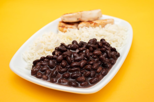 Healthy food with chicken breast beans and rice on a white plate