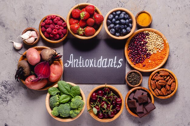 Healthy foods high in antioxidants top view