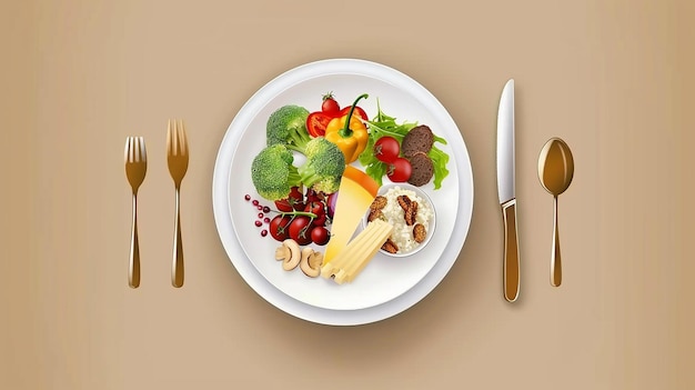 healthy foods plate with portion sizes on light brown color background