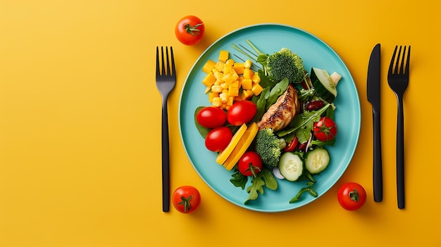 Photo healthy foods plate with portion sizes on orange color background