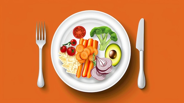 healthy foods plate with portion sizes on orange color background