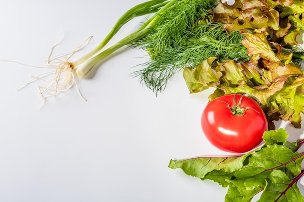 Healthy foodTomatolettucegreen onion on a white background